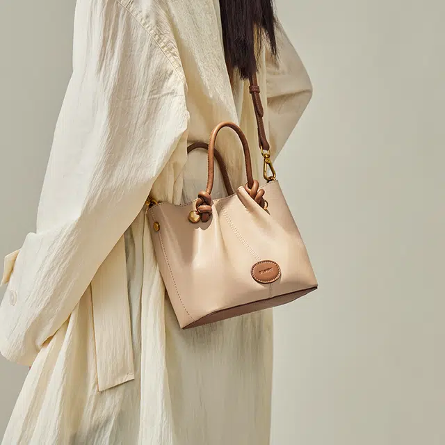 纳兰杜 时尚简约 合成革 单肩手提包 女款 米白拼棕色