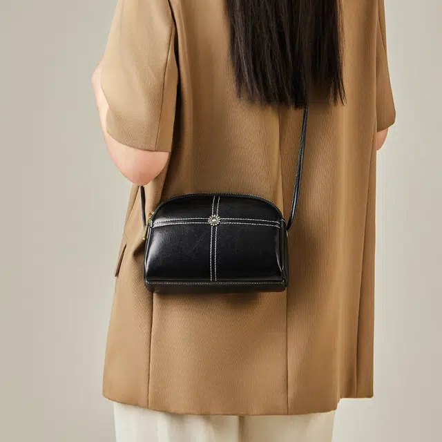 纳兰杜 简约休闲软皮妈妈款百搭时尚 牛皮 手机包单肩斜挎包 迷你 女款 子夜黑