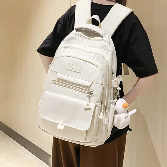 纳兰杜 大容量日系简约百搭休闲纯色高颜值 织物 书包双肩包 大号 女款 白色/黑色