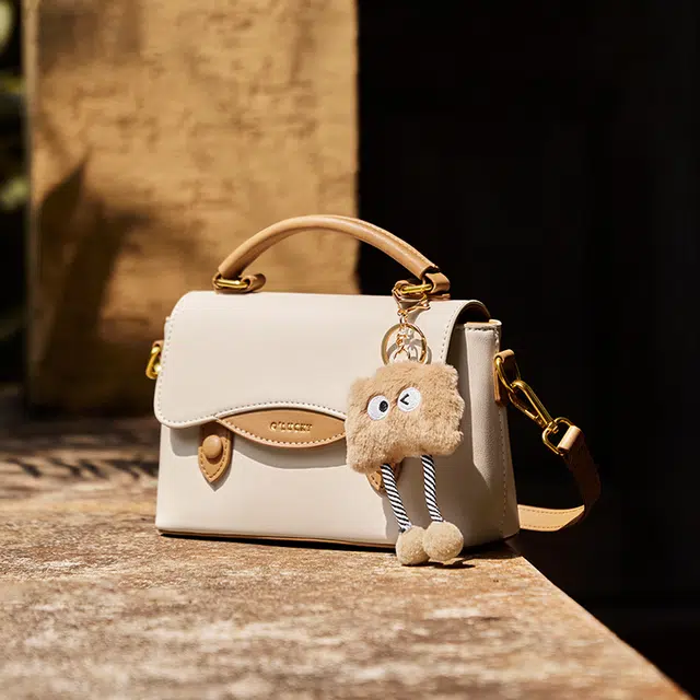 纳兰杜 时尚百搭潮流通勤休闲 牛皮拼合成革 剑桥包单肩斜挎手提包 小号 女款 白拼杏色