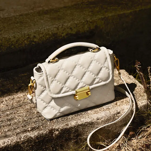 纳兰杜 小香风菱格时尚百搭精致优雅大方通勤 牛皮拼合成革 单肩斜挎手提包 中号 女款 米白色/子夜黑