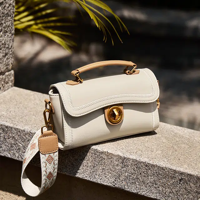 纳兰杜 时尚通勤洋气百搭简约 牛皮拼合成革 单肩手提包 女款 米白拼杏色