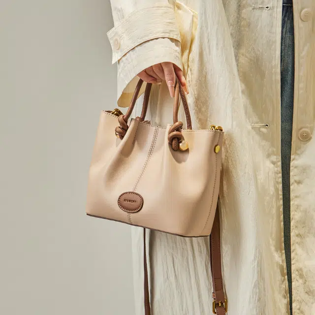 纳兰杜 时尚简约 合成革 单肩手提包 女款 米白拼棕色