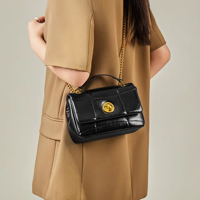 纳兰杜 时尚百搭小众潮流链条包高级质感通勤小方包 牛皮拼合成革 斜挎单肩包腋下包 小号 女款 子夜黑