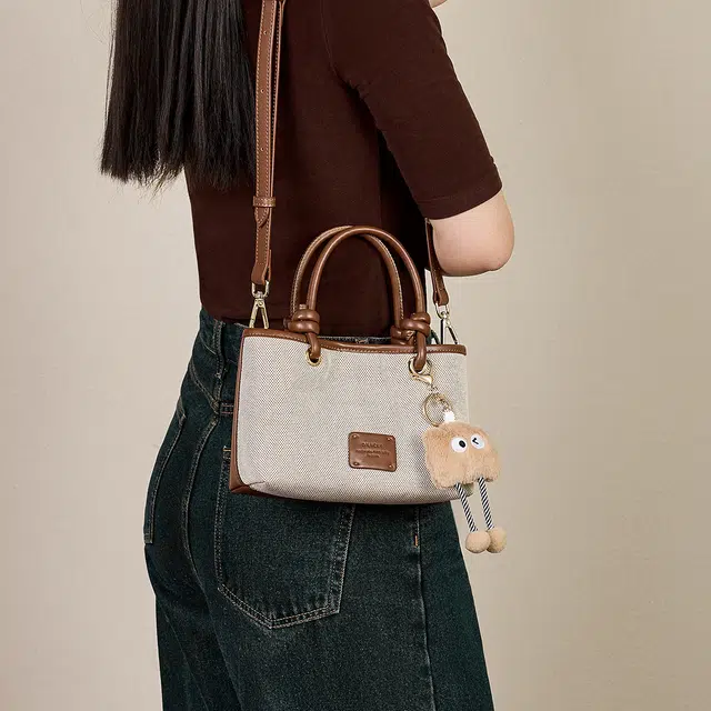 纳兰杜 时尚简约撞色 织物 单肩包手提包 小号 女款 卡其色