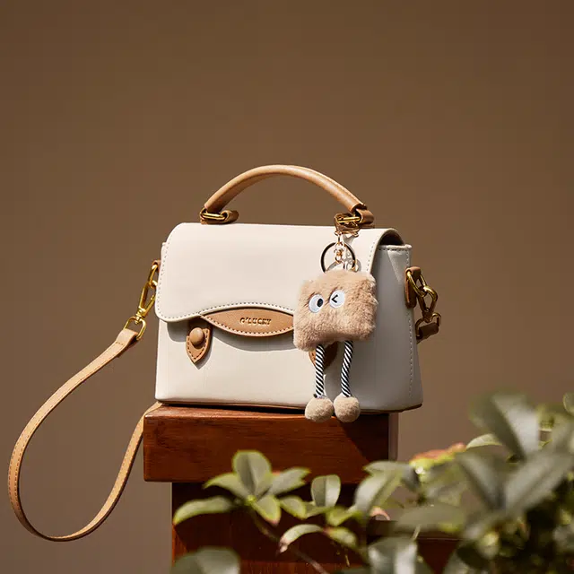 纳兰杜 时尚百搭潮流通勤休闲 牛皮拼合成革 剑桥包单肩斜挎手提包 小号 女款 白拼杏色