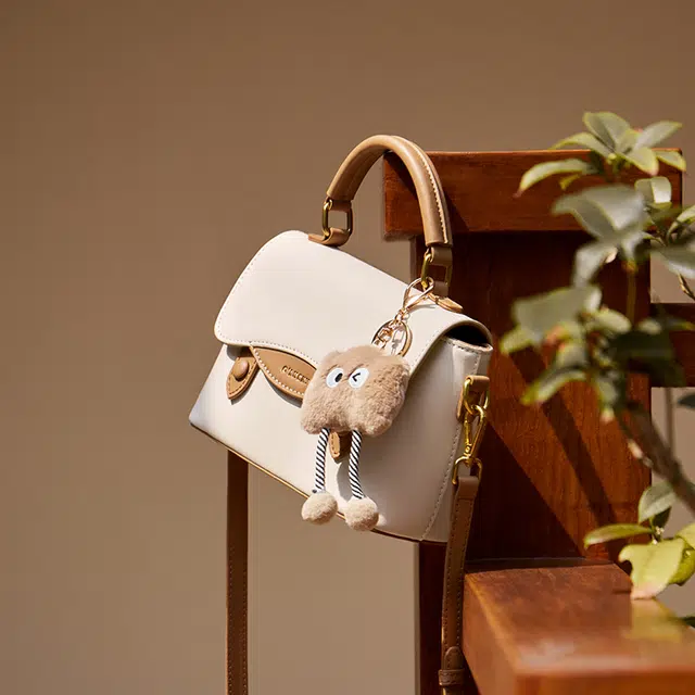 纳兰杜 时尚百搭潮流通勤休闲 牛皮拼合成革 剑桥包单肩斜挎手提包 小号 女款 白拼杏色