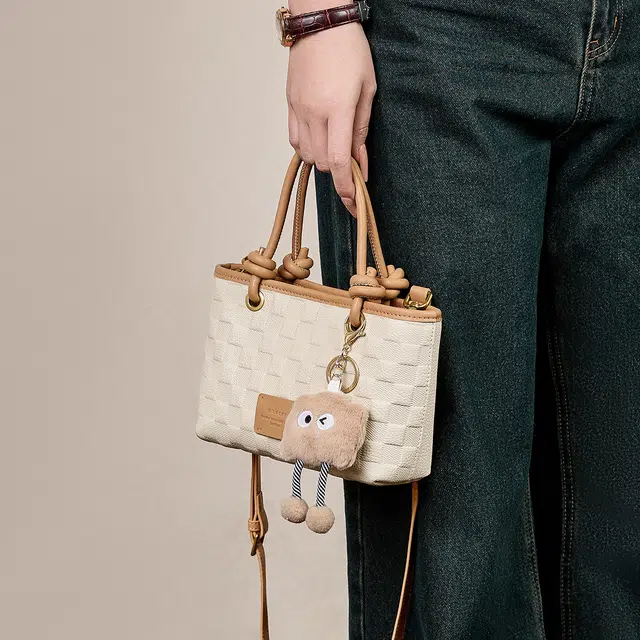 纳兰杜 通勤上班洋气高级感精致百搭 牛皮拼合成革 手提包 小号 女款 米白拼杏