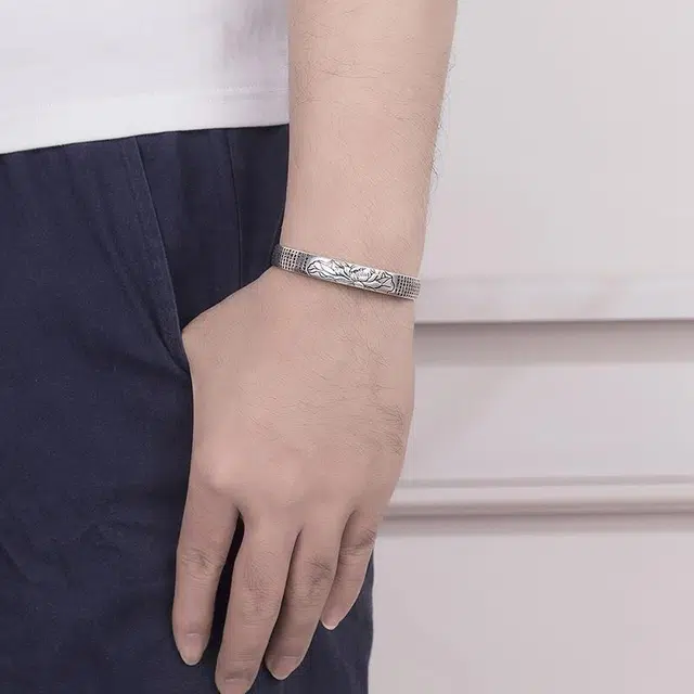 优态 大悲咒复古银高级感  开口莲花心经镯子复古银手饰 合金 手镯 男女同款情侣款