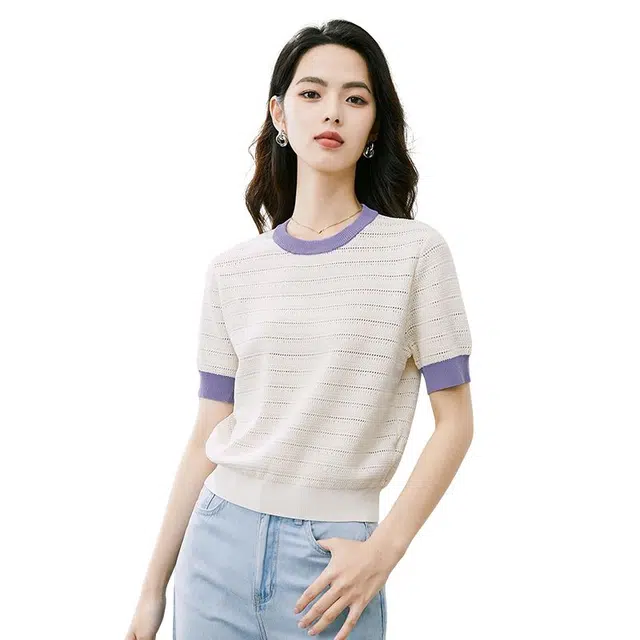 晚白 圆领条纹减龄针织短袖 女款 杏色