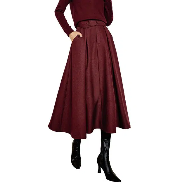 晚白 高腰版型大摆裙摆有里衬口袋设计休闲长裙 女款