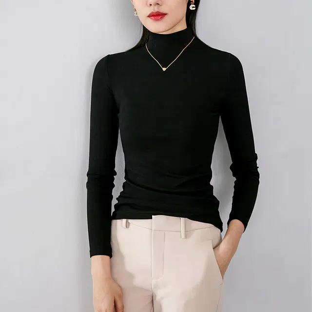 晚白 修身立领长袖休闲打底针织衫 女款 黑色