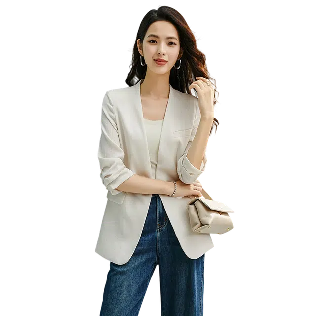 晚白 收腰显瘦弹力七分袖翻领通勤风西装 女款