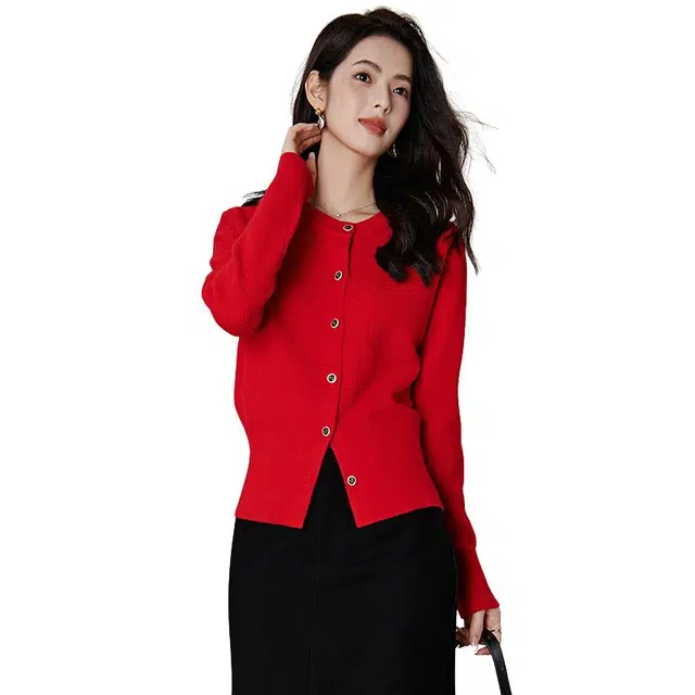 晚白 简约圆领排扣设计超弹弹力针织外套 女款