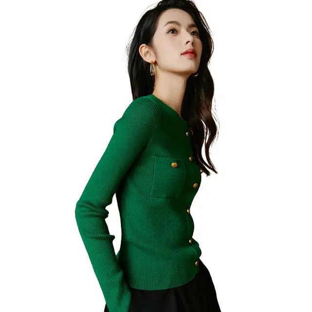 晚白 纽扣装饰软糯舒适有弹力竖条纹针织衫 女款