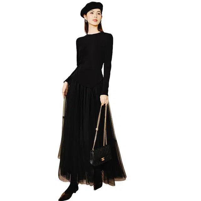 晚白 网纱大摆长裙有里衬高弹收腰设计连衣裙 女款