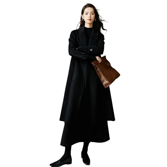 晚白 纯色双面呢外套羊毛大衣 女款 黑色