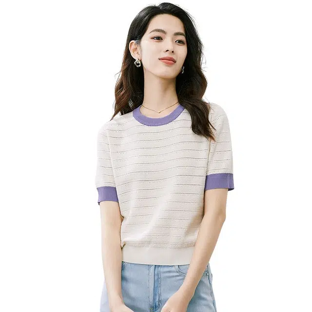 晚白 圆领条纹减龄针织短袖 女款 杏色