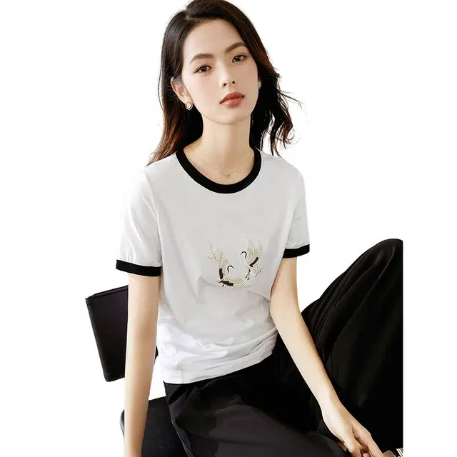 晚白 全棉正肩印花短袖 女款 白色