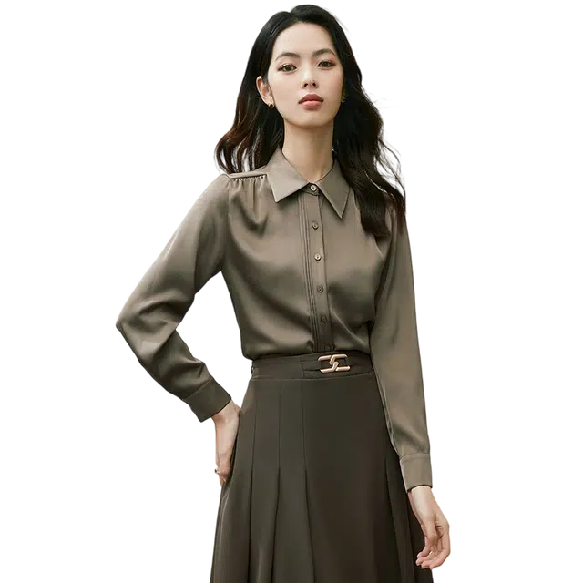 晚白 气质缎面翻领通勤减龄休闲百搭长袖衬衫 女款