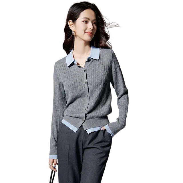 晚白 假两件亲肤韩系翻领百搭针织衫 女款