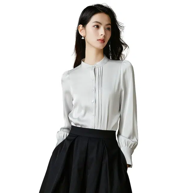 晚白 气质立领肩部收褶排扣设计垂坠顺滑衬衫 女款