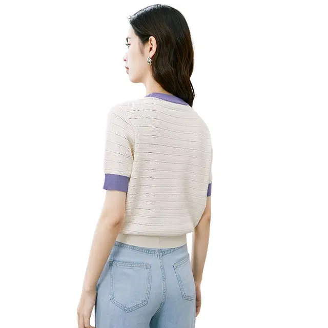 晚白 圆领条纹减龄针织短袖 女款 杏色