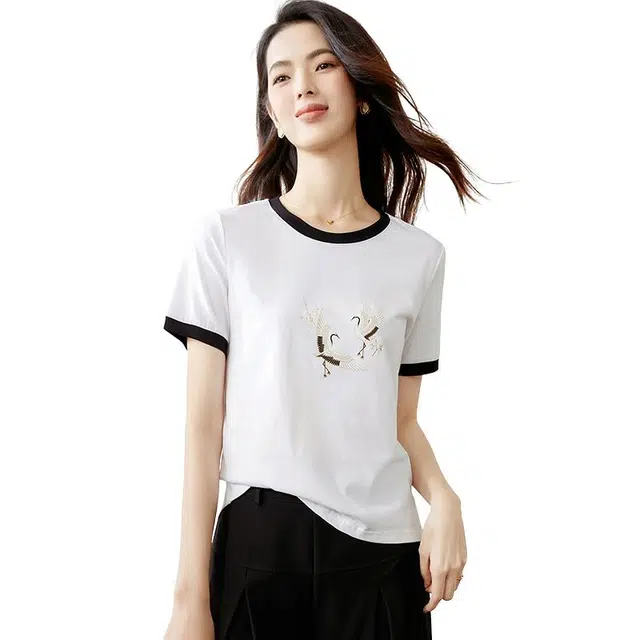 晚白 全棉正肩印花短袖 女款 白色