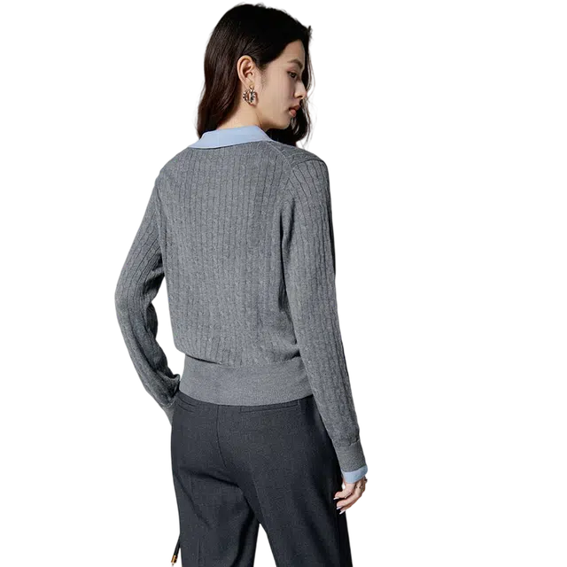 晚白 假两件亲肤韩系翻领百搭针织衫 女款