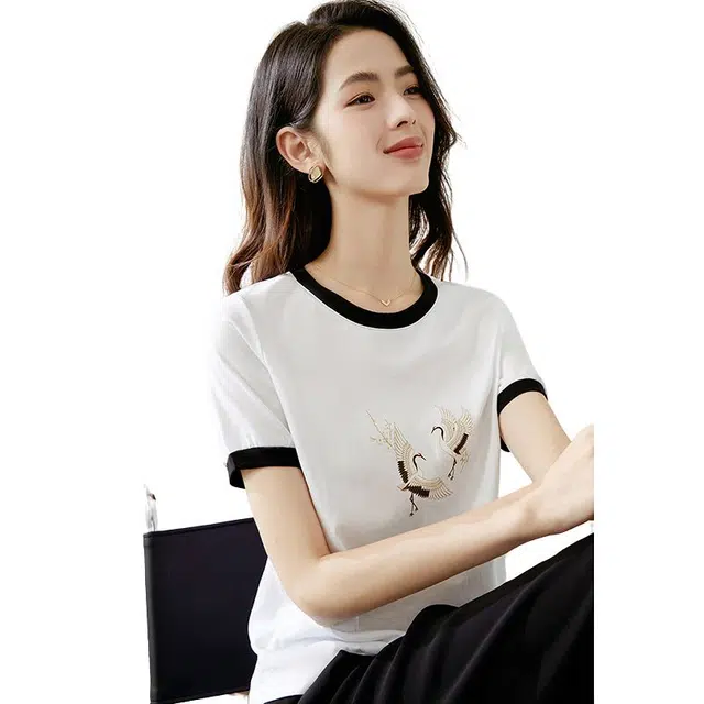 晚白 全棉正肩印花短袖 女款 白色