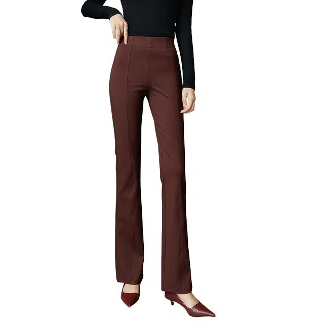 晚白 高腰版型有弹修身微喇裤口休闲裤 女款