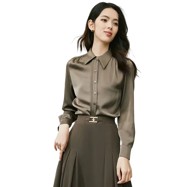 晚白 气质缎面翻领通勤减龄休闲百搭长袖衬衫 女款