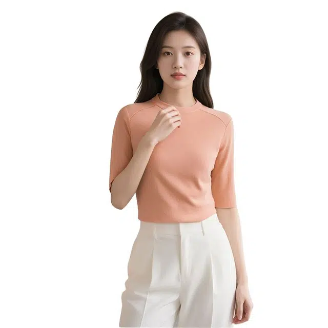 晚白 时尚减龄气质打底衫百搭纯色圆领棉质针织衫 女款