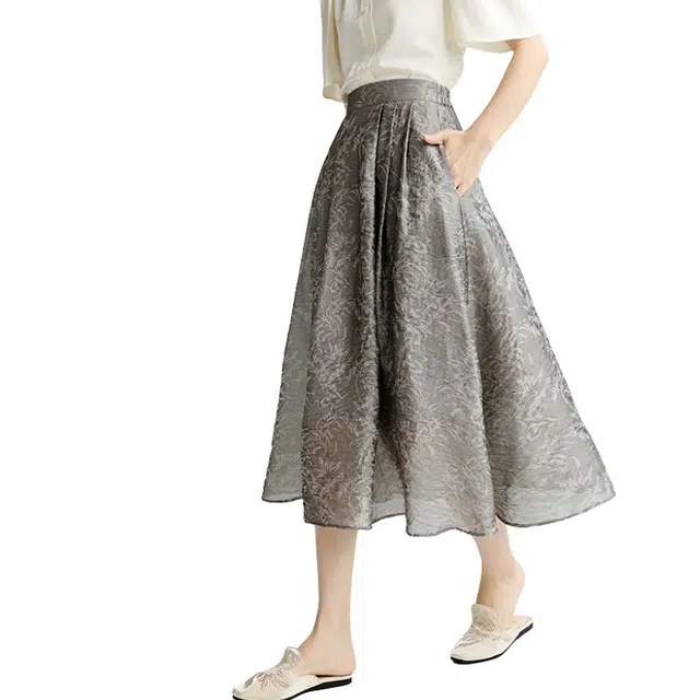 晚白 莱赛尔面料印花大摆半裙隐藏拉链设计有口袋休闲长裙 女款