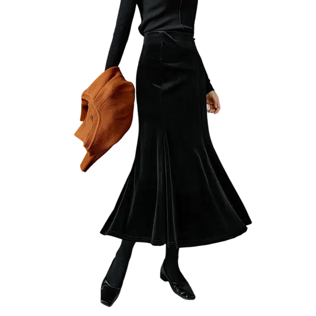 晚白 时尚简约气质半裙休闲百搭纯色丝绒鱼尾半身裙 女款