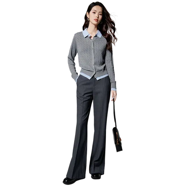 晚白 假两件亲肤韩系翻领百搭针织衫 女款