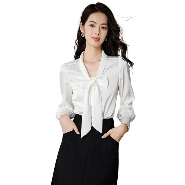 晚白 蝴蝶结系带领排扣设计垂坠顺滑亲肤减龄衬衫 女款