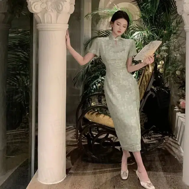 困住大象 新中式修身纯色开叉旗袍舒适合立领长款短袖连衣裙 女款