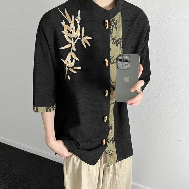 费尔岛上的猫 国潮新中式竹叶刺绣提花宽松透气百搭短袖衬衫 男女同款