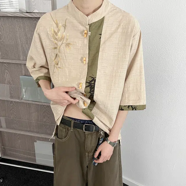费尔岛上的猫 国潮新中式竹叶刺绣提花宽松透气百搭短袖衬衫 男女同款