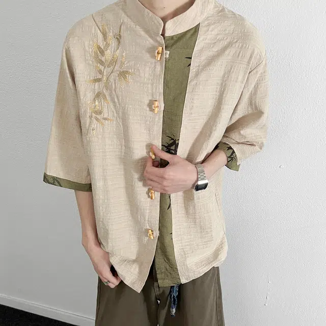 费尔岛上的猫 国潮新中式竹叶刺绣提花宽松透气百搭短袖衬衫 男女同款