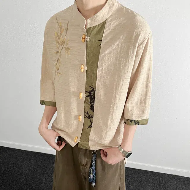 费尔岛上的猫 国潮新中式竹叶刺绣提花宽松透气百搭短袖衬衫 男女同款