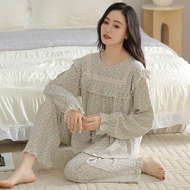 俏佳人 纯棉套头圆领公主风宽松休闲家居服柔软亲肤舒适透气长袖长裤睡衣套装 女款