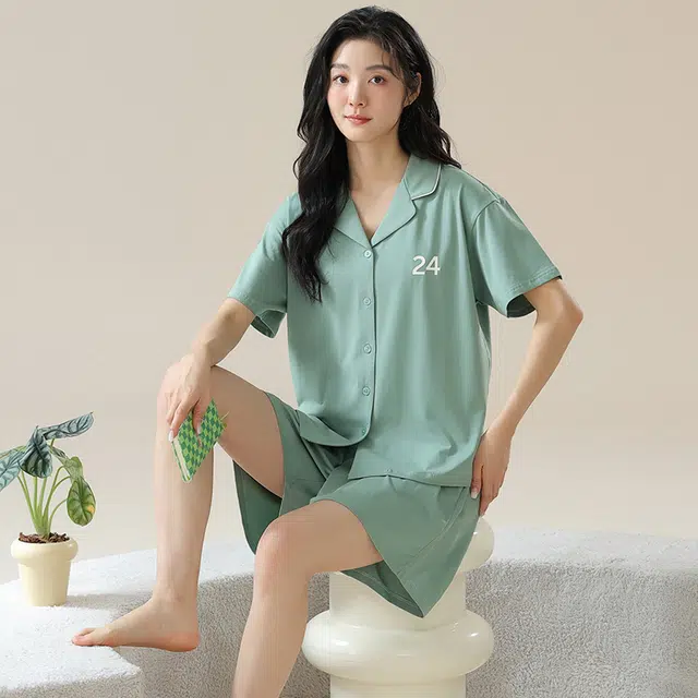 俏佳人 柔软亲肤基础休闲开衫慵懒短袖家居服睡衣套装 女款