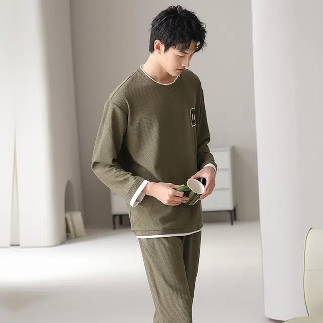 俏佳人 华夫格纯棉重磅简约宽松休闲可外穿圆领套头柔软舒适透气家居服长袖长裤睡衣套装 男款