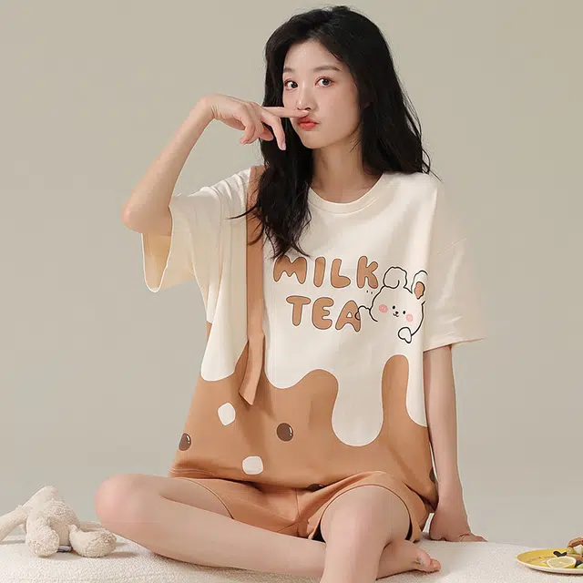 俏佳人 卡通柔软亲肤休闲可外穿套头短袖慵懒家居服睡衣套装 女款