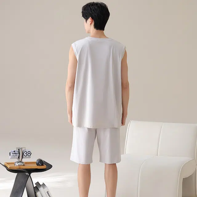 俏佳人 纯棉舒适透气简约套头慵懒风可外穿背心家居服休闲睡衣套装 男款
