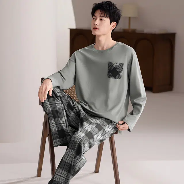 俏佳人 纯棉简约纯色圆领套头复古格子可外穿家居服舒适亲肤透气长袖长裤睡衣套装 男款