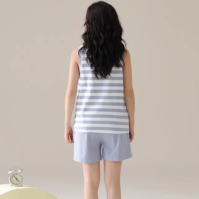 俏佳人 韩版简约休闲带胸垫条纹舒适透气可外穿家居服睡衣套装 女款