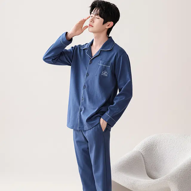 俏佳人 翻领开衫简约时尚舒适透气长袖长裤纯色家居服睡衣套装 男款 宝蓝色